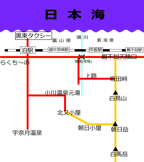 朝日岳、栂海新道周辺概念図